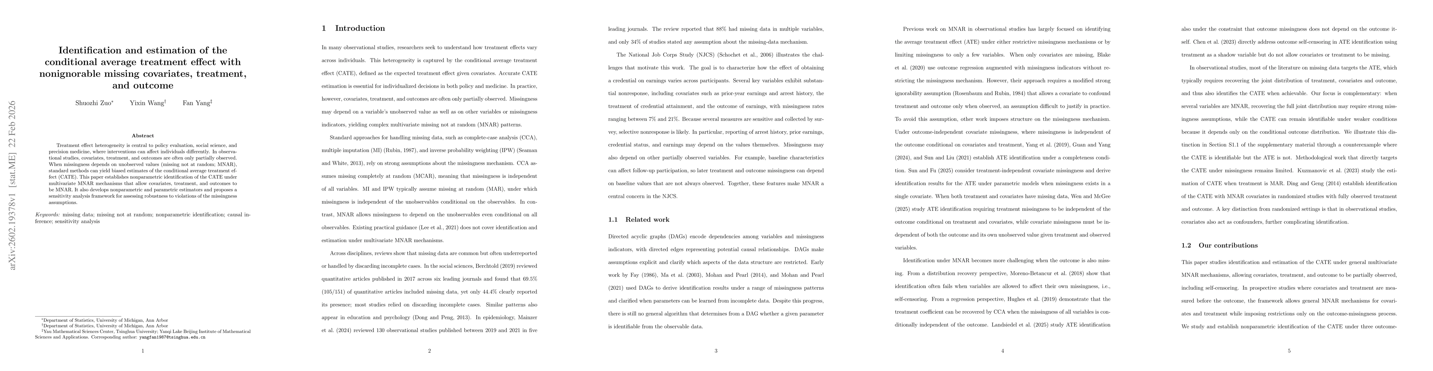 Thumbnail for Identification and estimation of the conditional average treatment effect with nonignorable missing covariates, treatment, and outcome