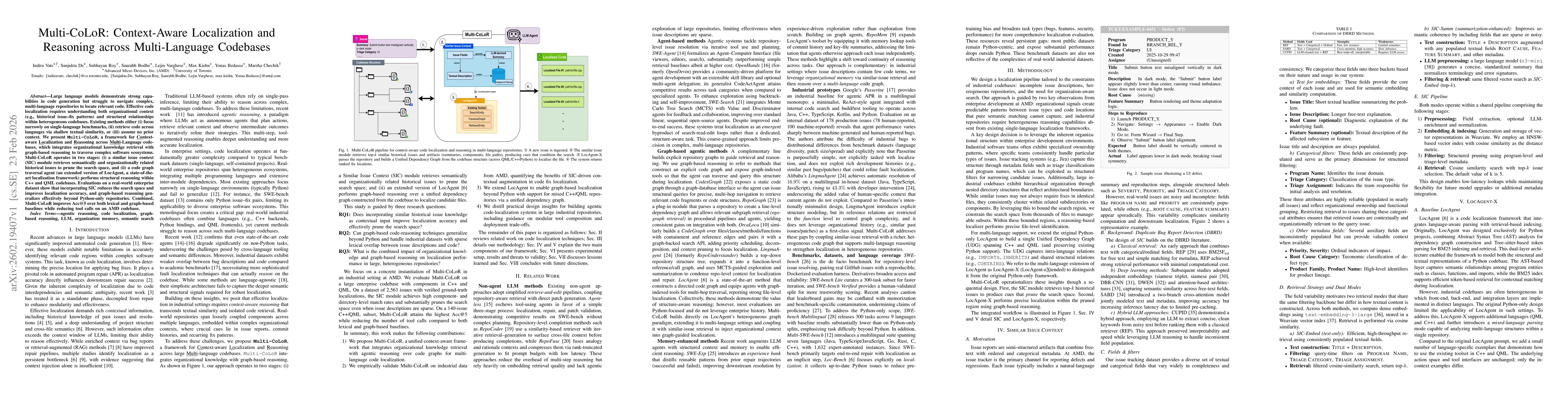 Thumbnail for Multi-CoLoR: Context-Aware Localization and Reasoning across Multi-Language Codebases