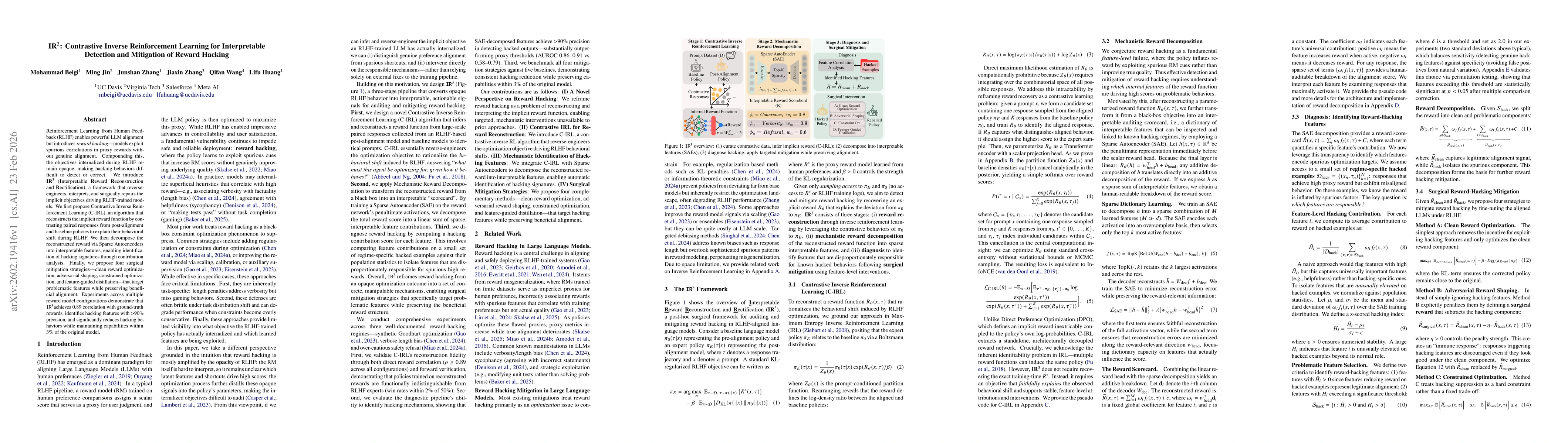 Thumbnail for IR$^3$: Contrastive Inverse Reinforcement Learning for Interpretable Detection and Mitigation of Reward Hacking