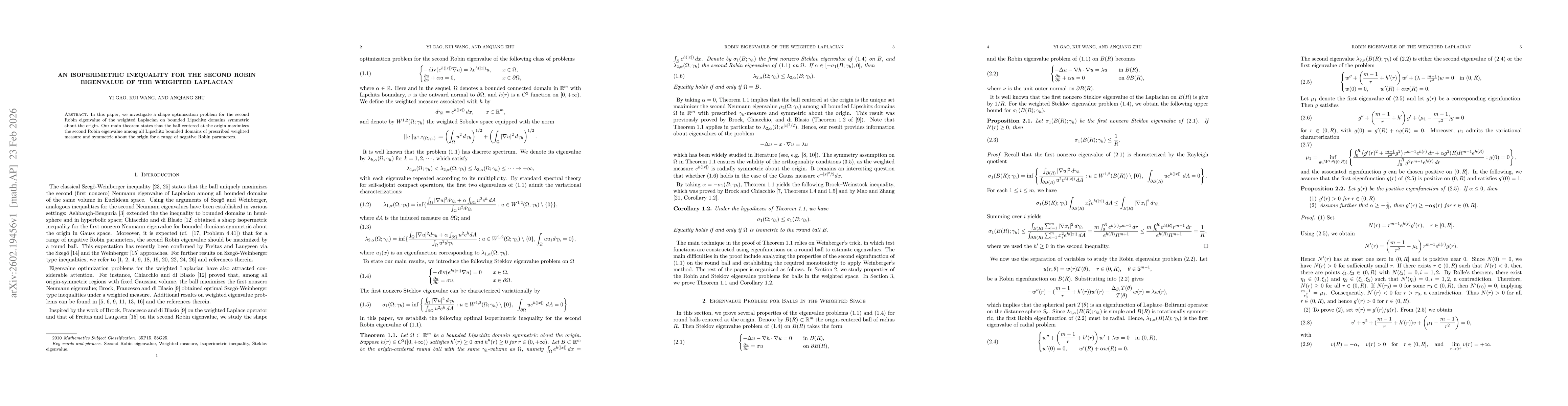 Thumbnail for An isoperimetric inequality for the second Robin eigenvalue of the Weighted Laplacian