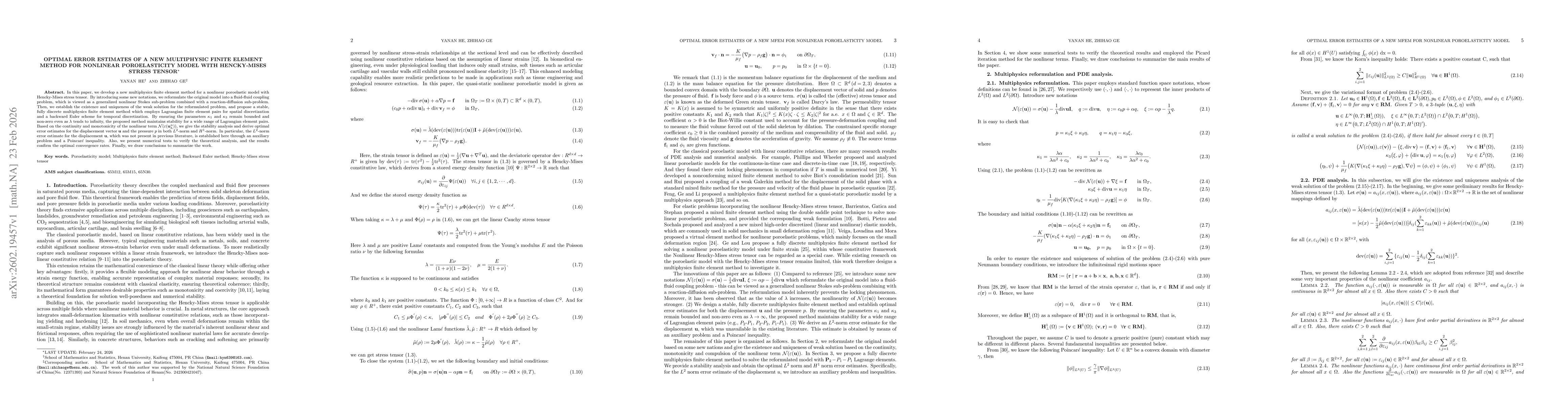 Thumbnail for Optimal Error Estimates of a new Multiphysic Finite Element Method for Nonlinear Poroelasticity model with Hencky-Mises Stress Tensor