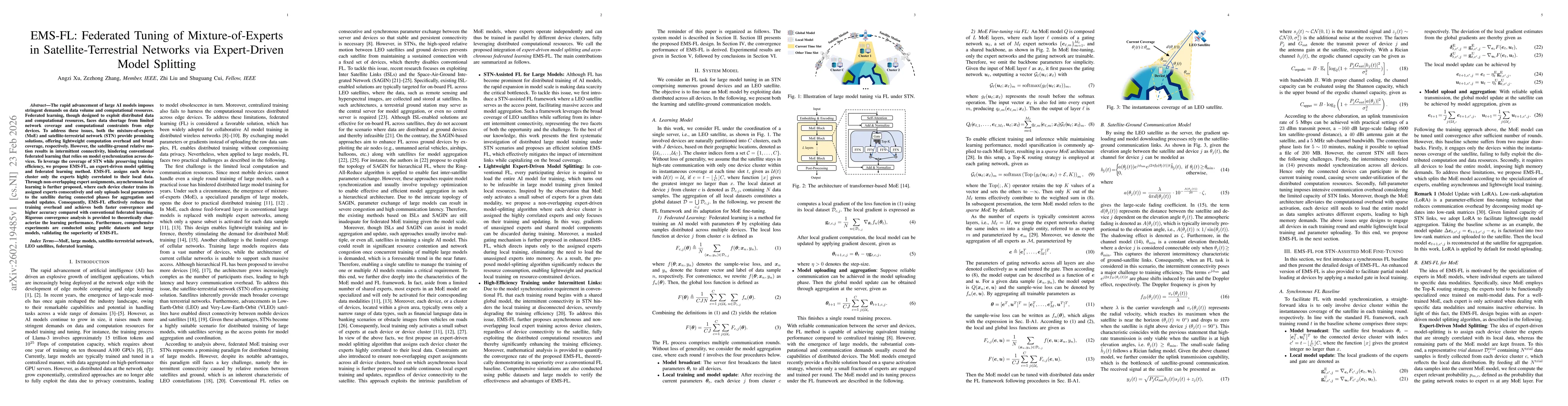 Thumbnail for EMS-FL: Federated Tuning of Mixture-of-Experts in Satellite-Terrestrial Networks via Expert-Driven Model Splitting