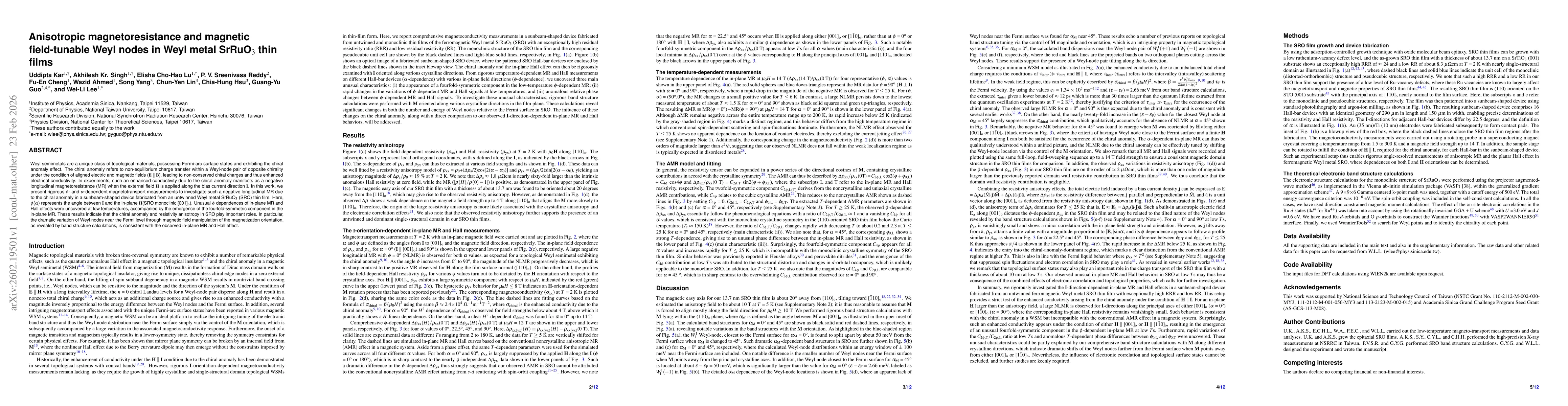 Thumbnail for Anisotropic magnetoresistance and magnetic field-tunable Weyl nodes in Weyl metal SrRuO$_{3}$ thin films
