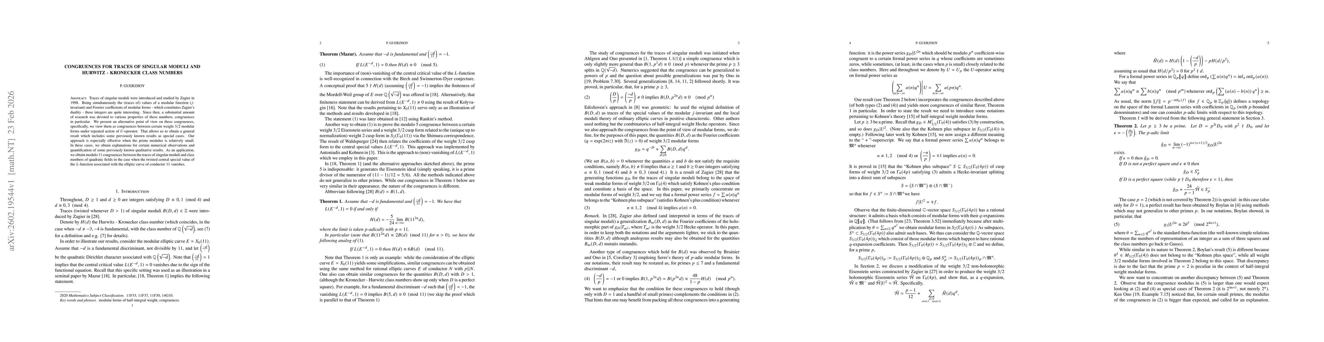Thumbnail for Congruences for traces of singular moduli and Hurwitz - Kronecker class numbers