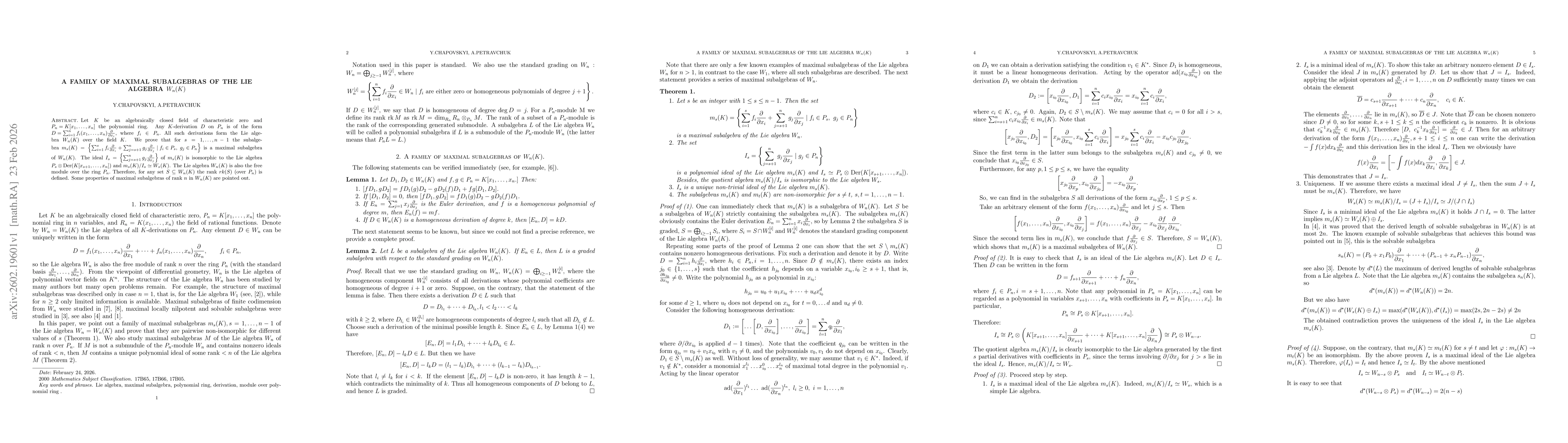 Thumbnail for A family of maximal subalgebras of the Lie algebra~$W_n(K)$