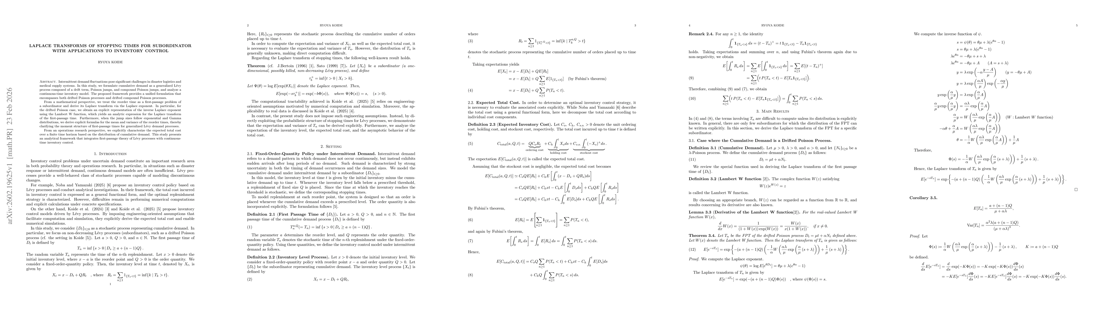 Thumbnail for Laplace Transforms of Stopping Times for Subordinator with Applications to Inventory Control