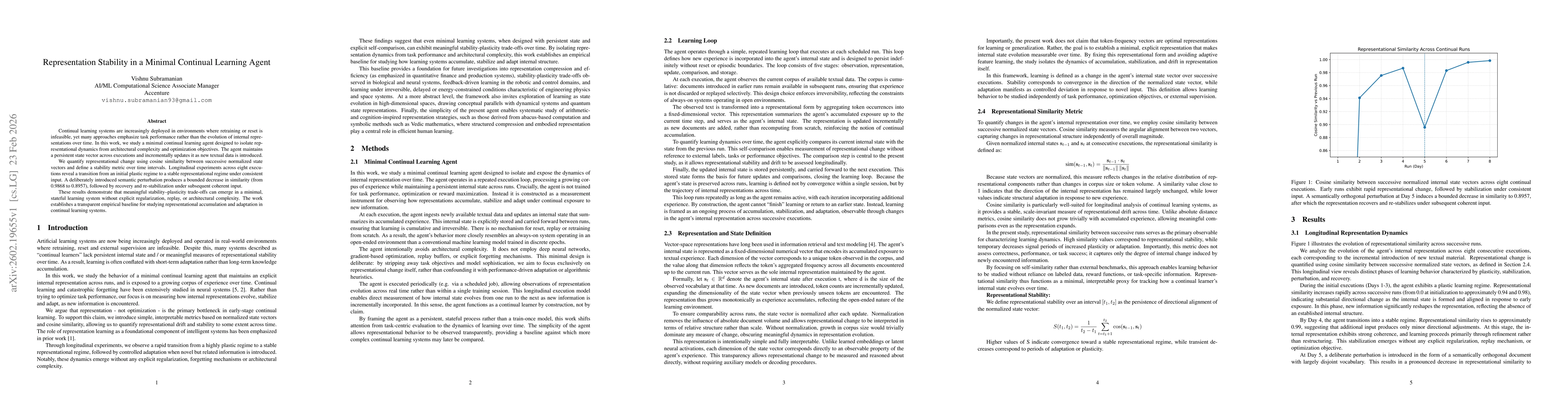 Thumbnail for Representation Stability in a Minimal Continual Learning Agent