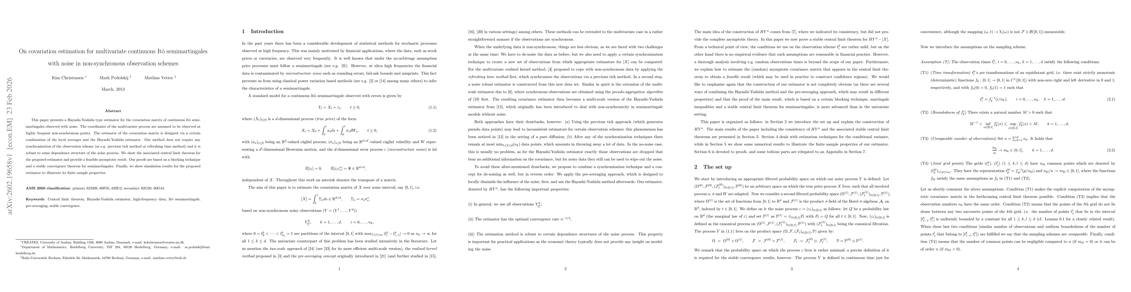 Thumbnail for On covariation estimation for multivariate continuous Itô semimartingales with noise in non-synchronous observation schemes