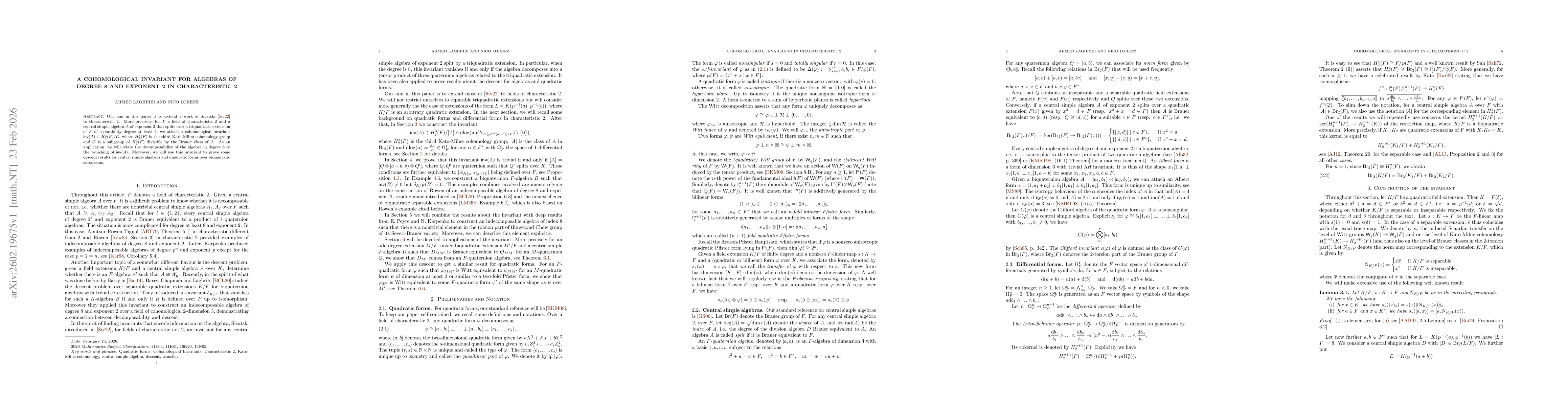 Thumbnail for A cohomological invariant for algebras of degree 8 and exponent 2 in characteristic 2