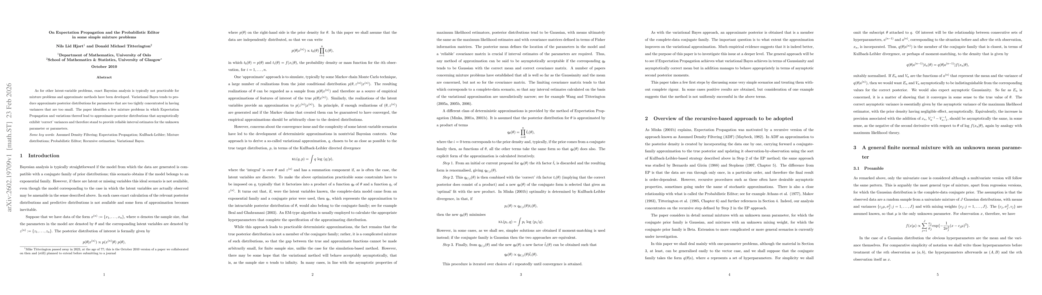 Thumbnail for On Expectation Propagation and the Probabilistic Editor in some simple mixture problems