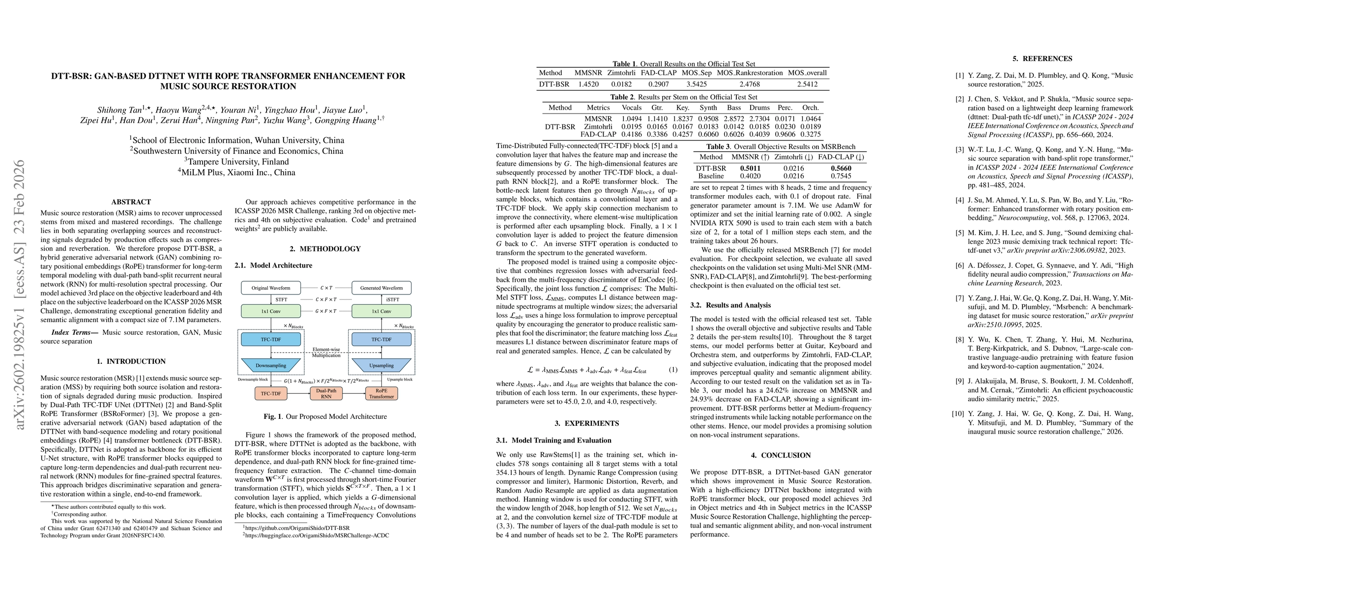 Thumbnail for DTT-BSR: GAN-based DTTNet with RoPE Transformer Enhancement for Music Source Restoration