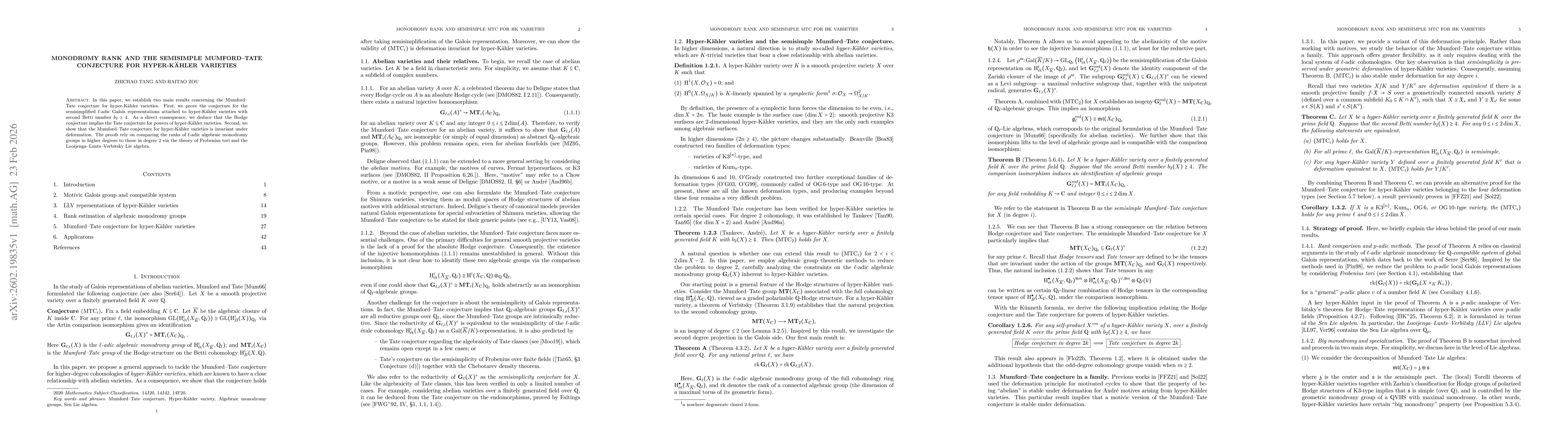 Thumbnail for Monodromy rank and the semisimple Mumford-Tate conjecture for hyper-Kähler varieties