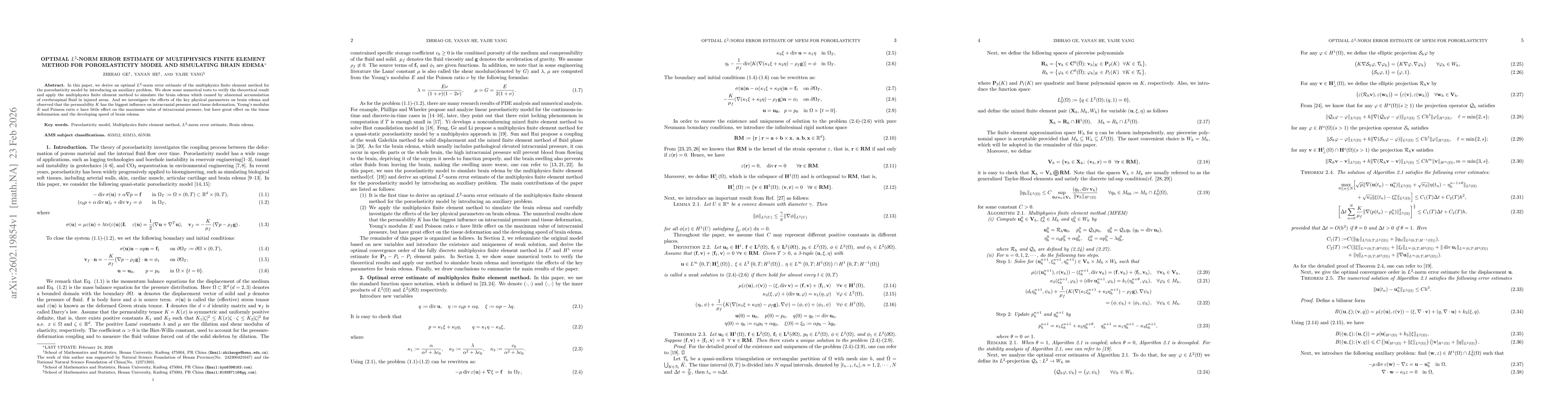 Thumbnail for Optimal $L^2$-norm error estimate of multiphysics finite element method for poroelasticity model and simulating brain edema