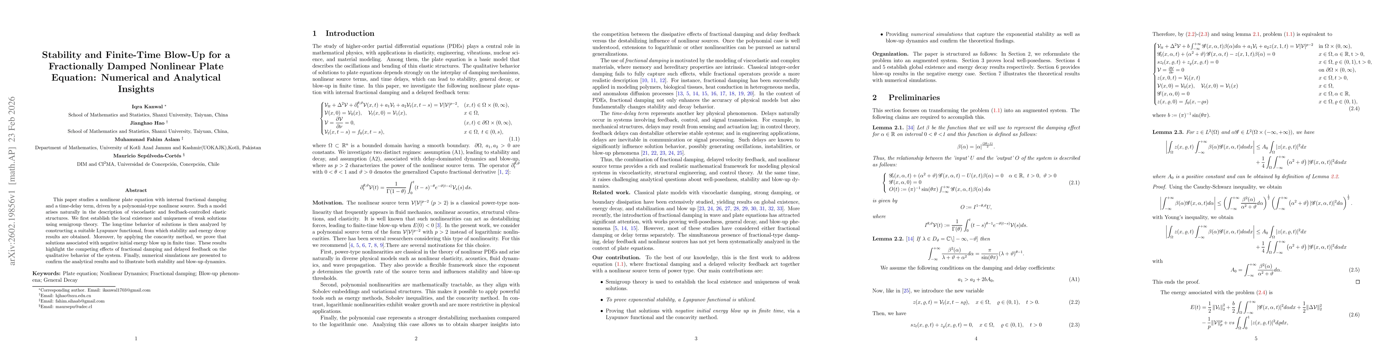 Thumbnail for Stability and Finite-Time Blow-Up for a Fractionally Damped Nonlinear Plate Equation: Numerical and Analytical Insights