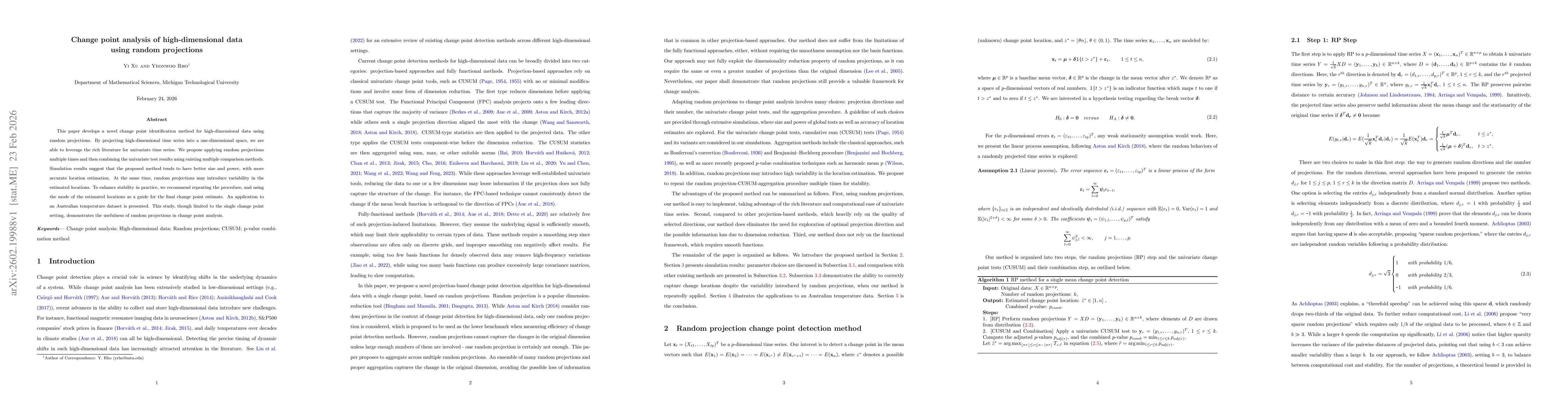 Thumbnail for Change point analysis of high-dimensional data using random projections