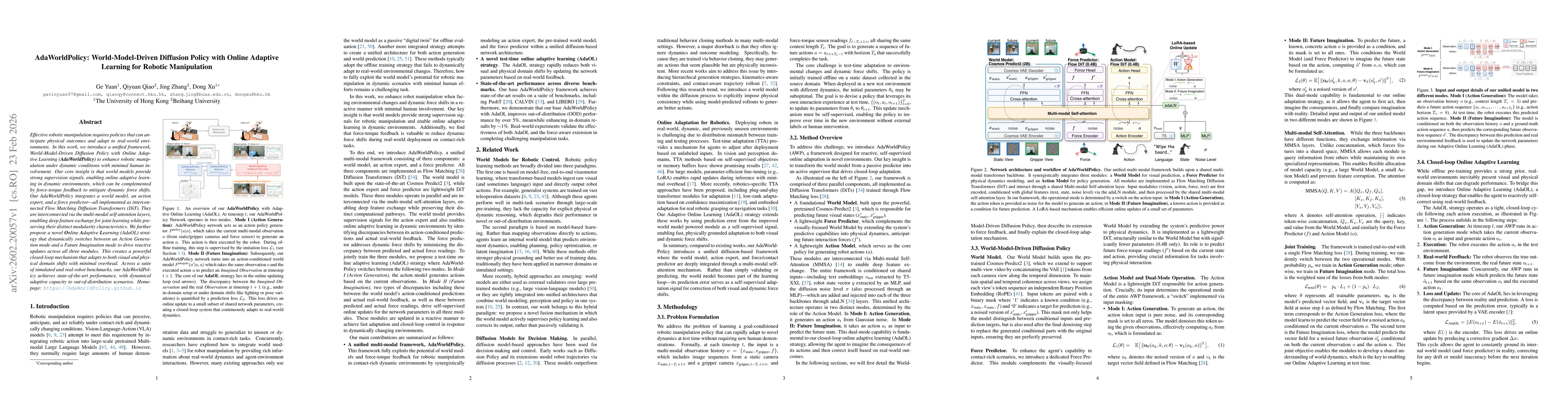 Thumbnail for AdaWorldPolicy: World-Model-Driven Diffusion Policy with Online Adaptive Learning for Robotic Manipulation