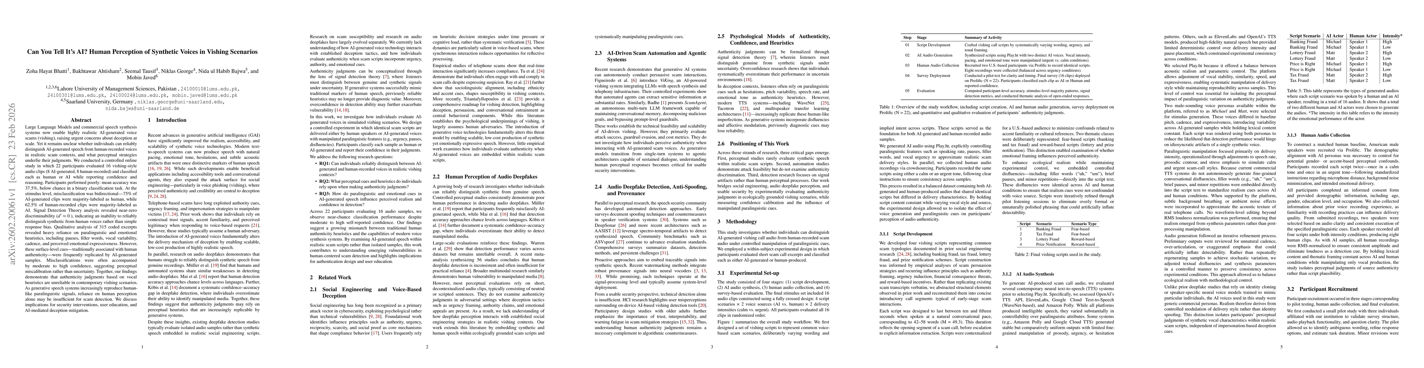 Thumbnail for Can You Tell It's AI? Human Perception of Synthetic Voices in Vishing Scenarios