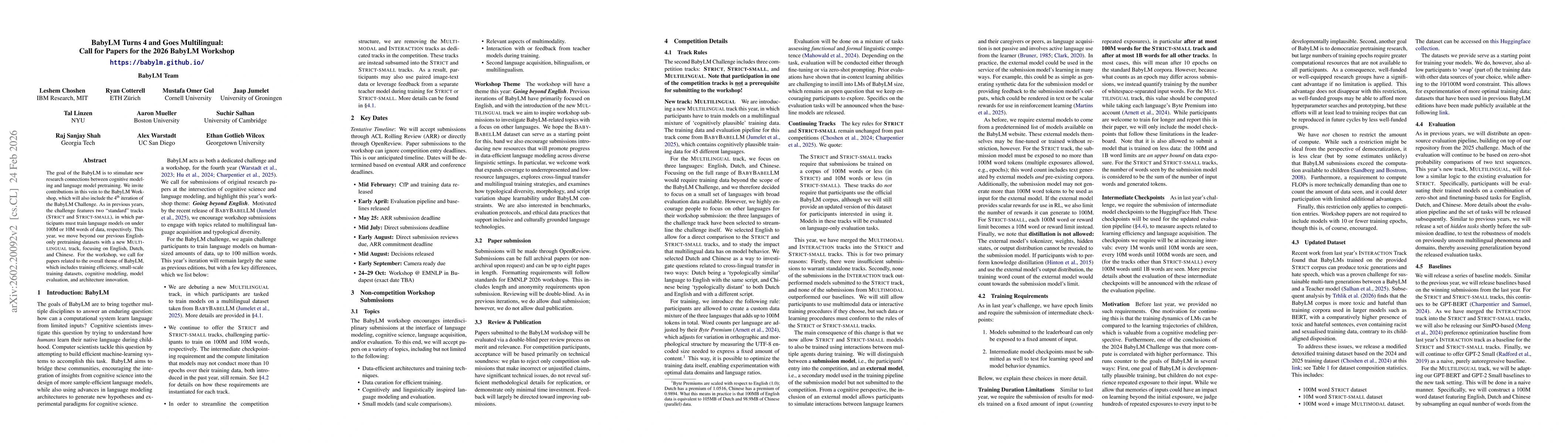 Thumbnail for BabyLM Turns 4: Call for Papers for the 2026 BabyLM Workshop