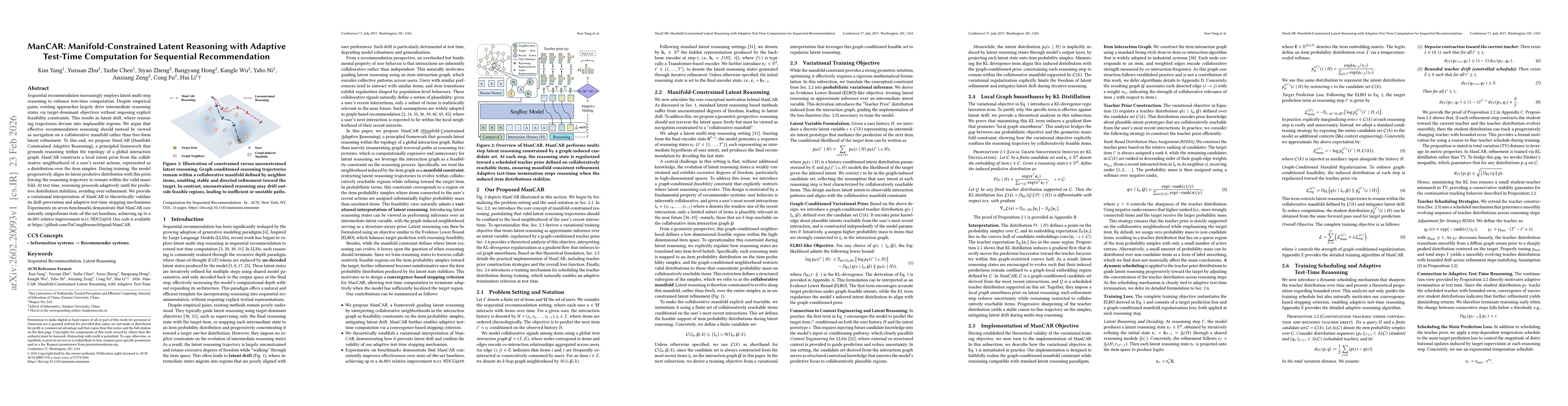Thumbnail for ManCAR: Manifold-Constrained Latent Reasoning with Adaptive Test-Time Computation for Sequential Recommendation