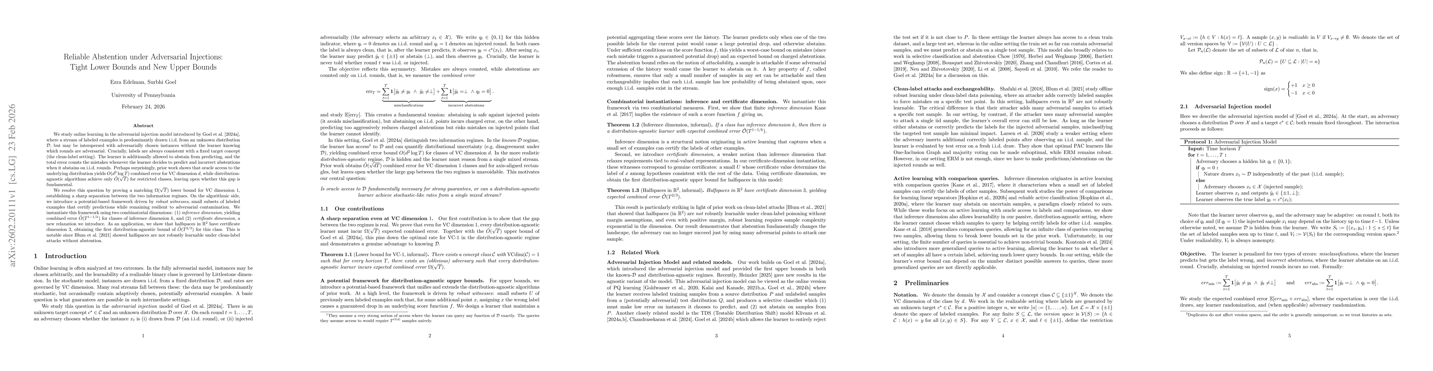 Thumbnail for Reliable Abstention under Adversarial Injections: Tight Lower Bounds and New Upper Bounds