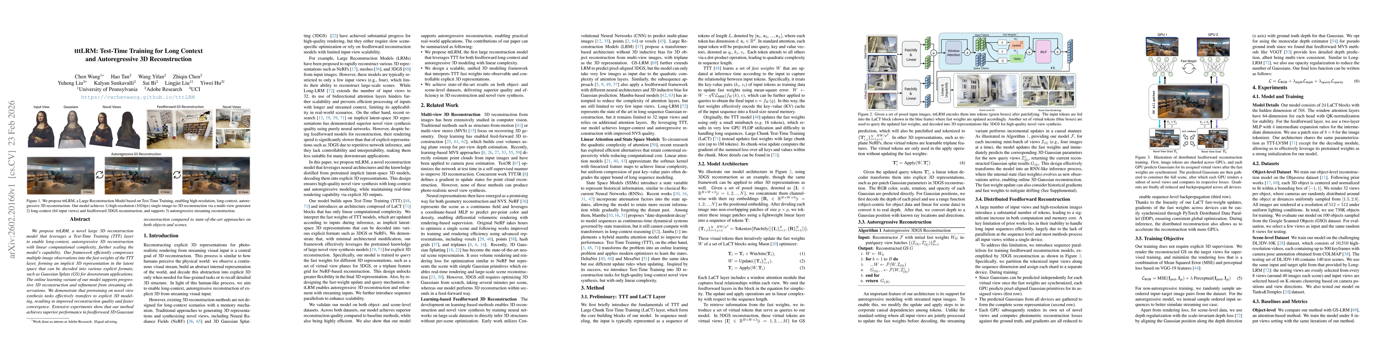 Thumbnail for tttLRM: Test-Time Training for Long Context and Autoregressive 3D Reconstruction