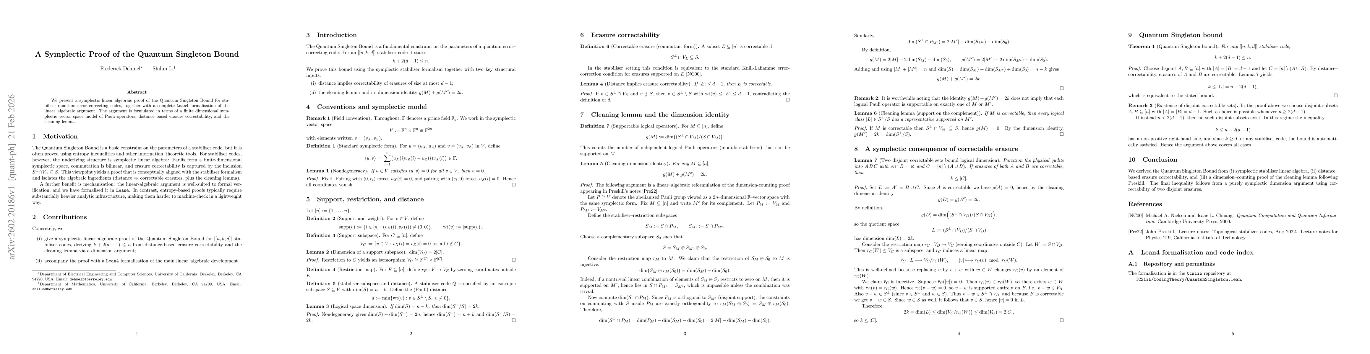 Thumbnail for A Symplectic Proof of the Quantum Singleton Bound