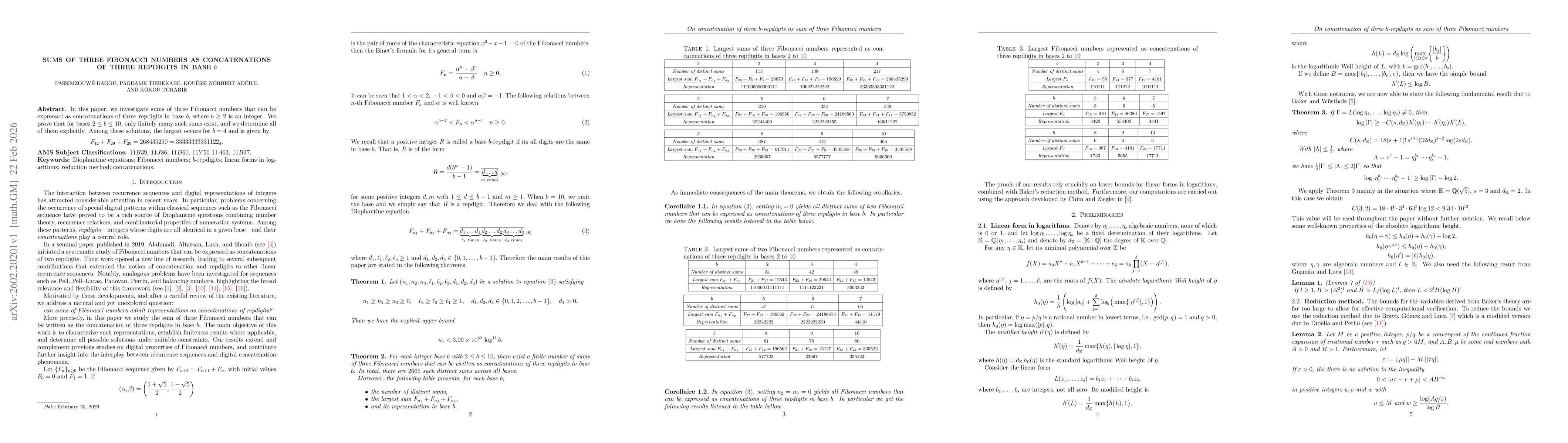 Thumbnail for Sums of three Fibonacci numbers as concatenations of three repdigits in base $b$