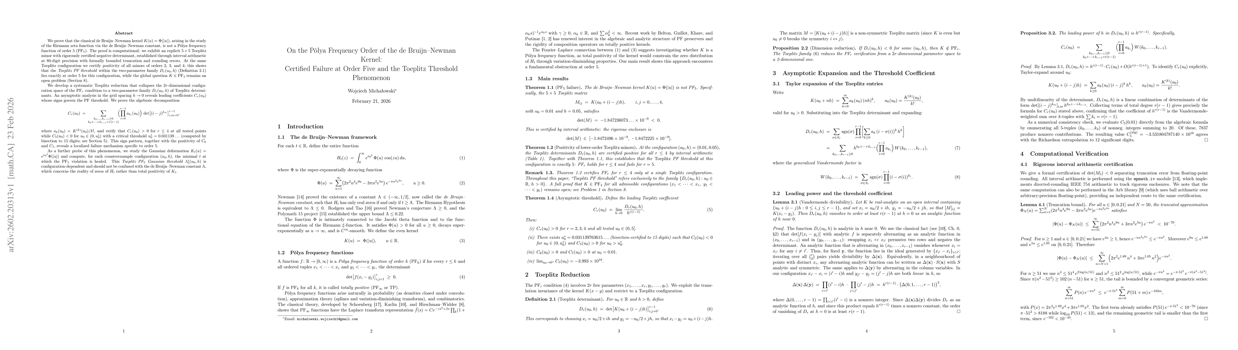 Thumbnail for On the Pólya Frequency Order of the de Bruijn Newman Kernel. Certified Failure at Order Five and the Toeplitz Threshold Phenomenon