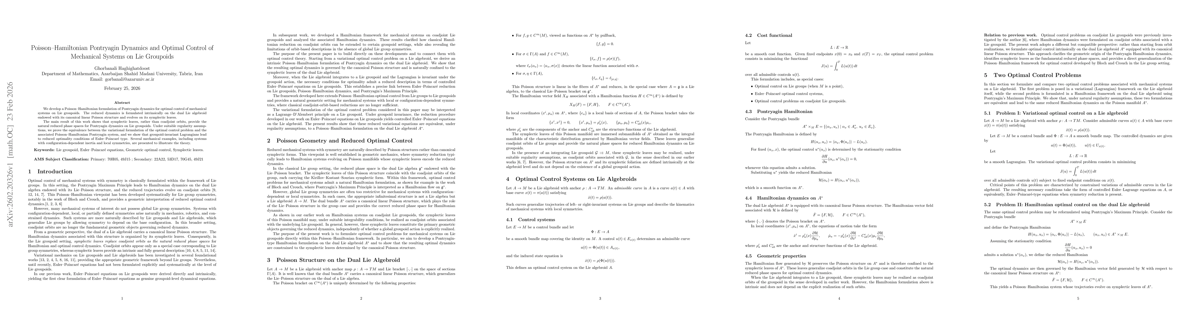 Thumbnail for Poisson Hamiltonian Pontryagin Dynamics and Optimal Control of Mechanical Systems on Lie Groupoids