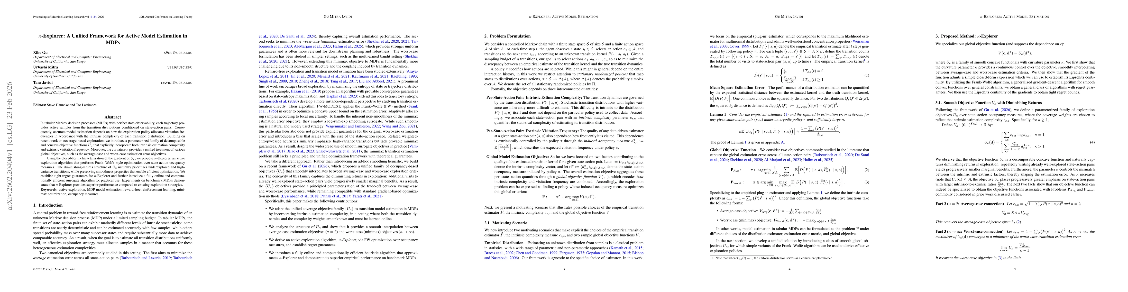 Thumbnail for $κ$-Explorer: A Unified Framework for Active Model Estimation in MDPs