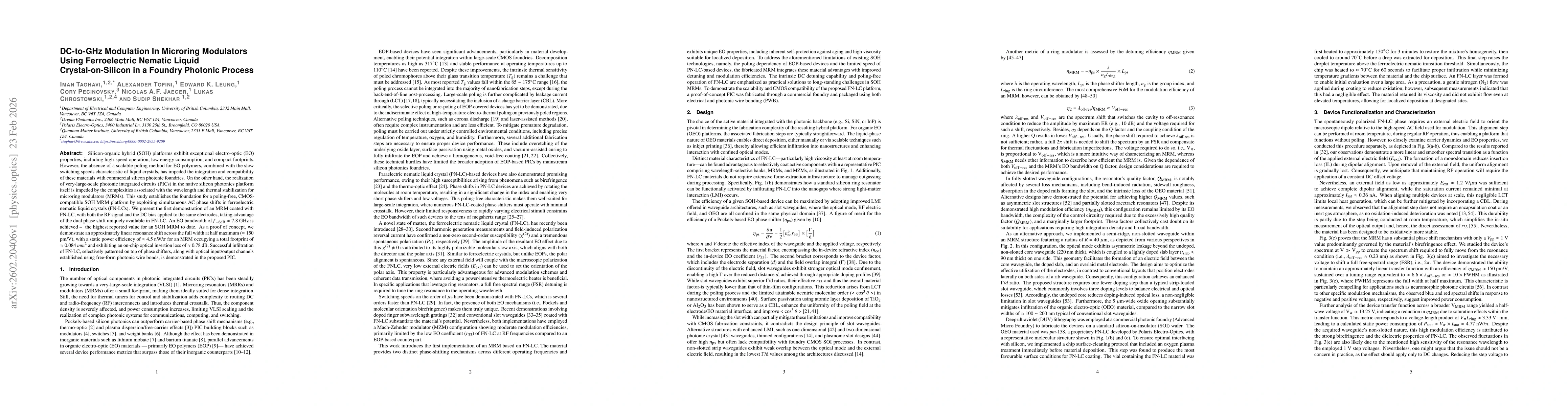 Thumbnail for DC-to-GHz Modulation In Microring Modulators Using Ferroelectric Nematic Liquid Crystal-on-Silicon in a Foundry Photonic Process