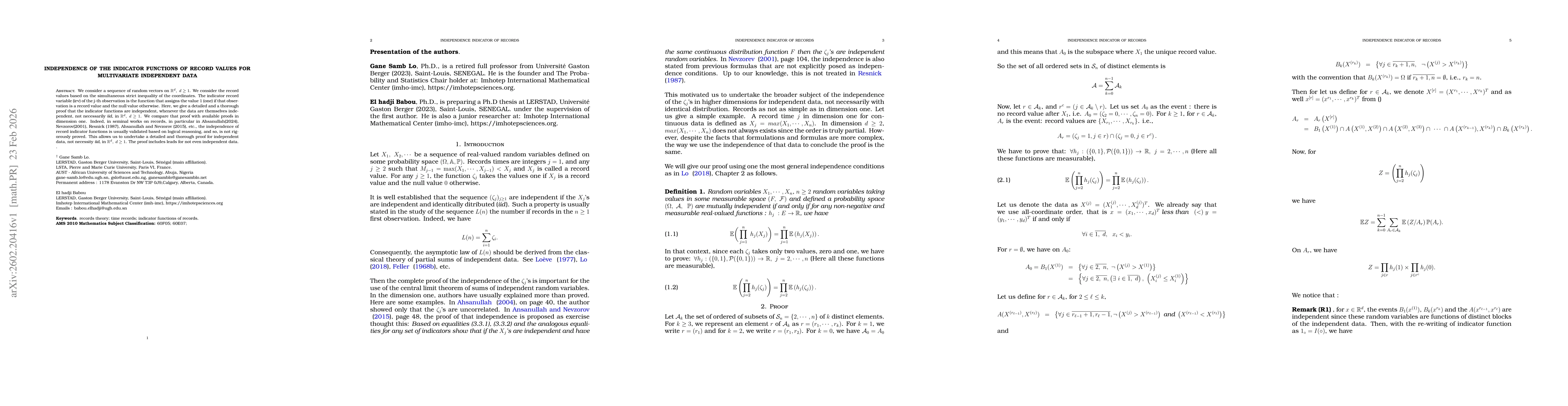 Thumbnail for Independence of the indicator functions of record values for Multivariate independent data