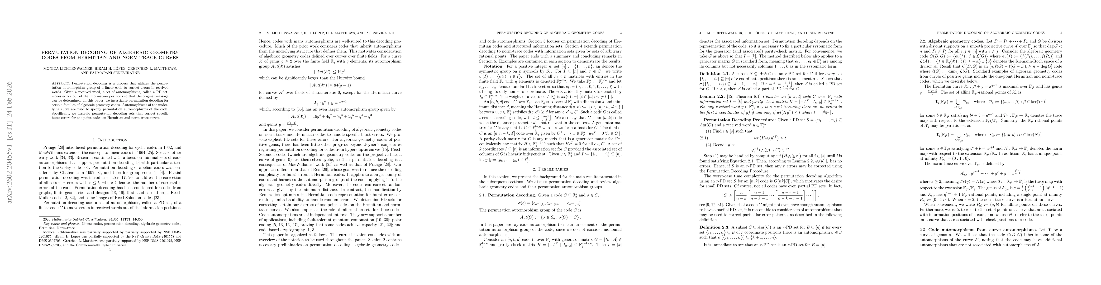 Thumbnail for Permutation decoding of algebraic geometry codes from Hermitian and norm-trace curves