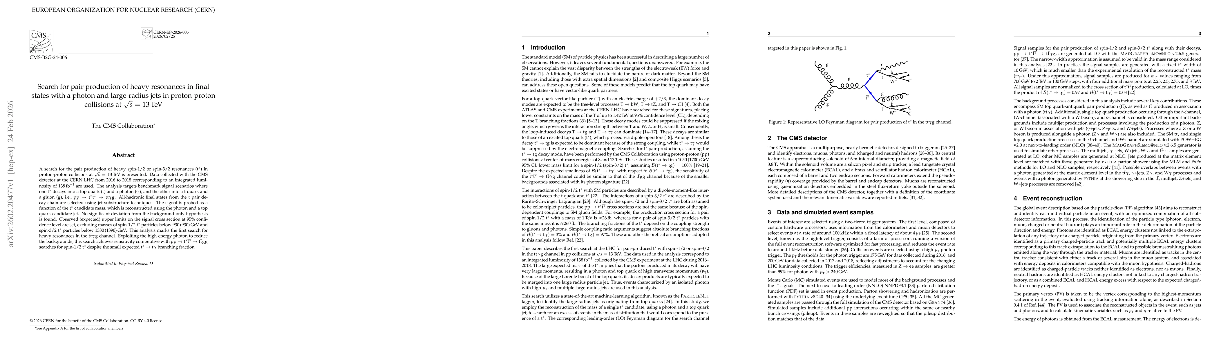 Thumbnail for Search for pair production of heavy resonances in final states with a photon and large-radius jets in proton-proton collisions at $\sqrt{s}$ = 13 TeV