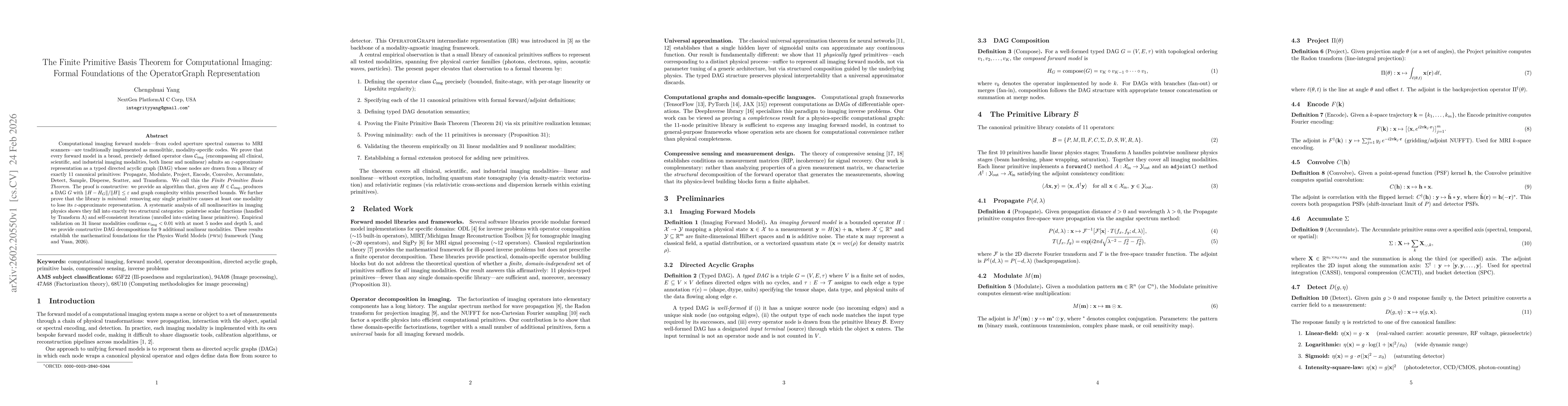 Thumbnail for The Finite Primitive Basis Theorem for Computational Imaging: Formal Foundations of the OperatorGraph Representation