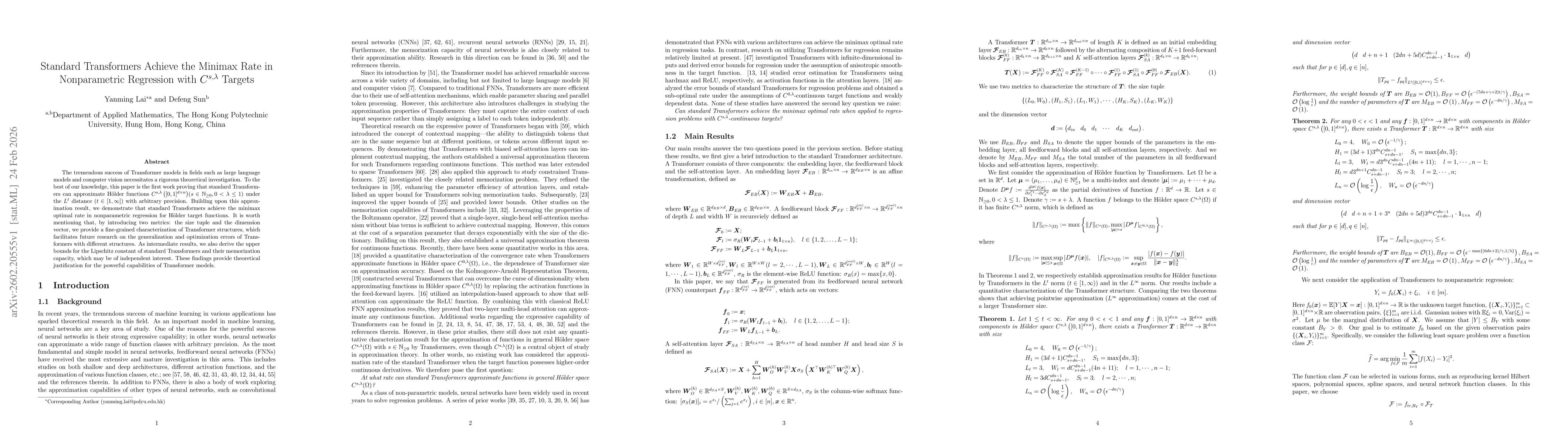 Thumbnail for Standard Transformers Achieve the Minimax Rate in Nonparametric Regression with $C^{s,λ}$ Targets