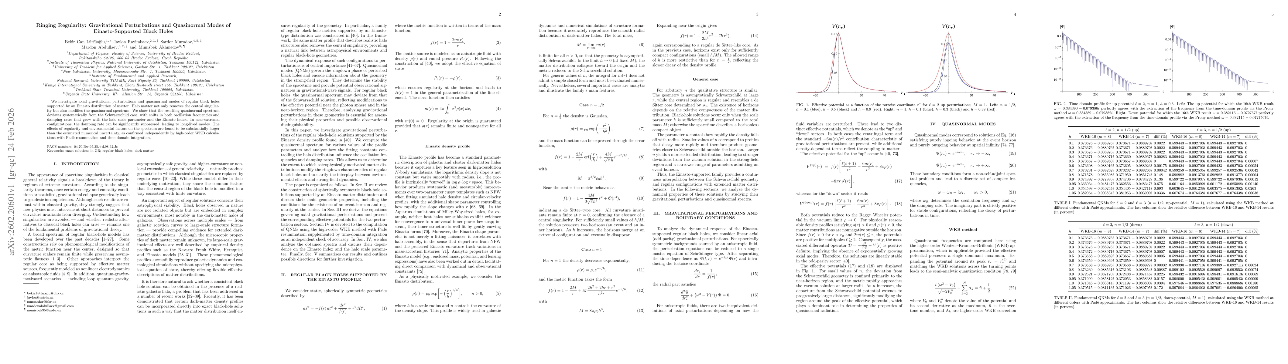 Thumbnail for Ringing Regularity: Gravitational Perturbations and Quasinormal Modes of Einasto-Supported Black Holes