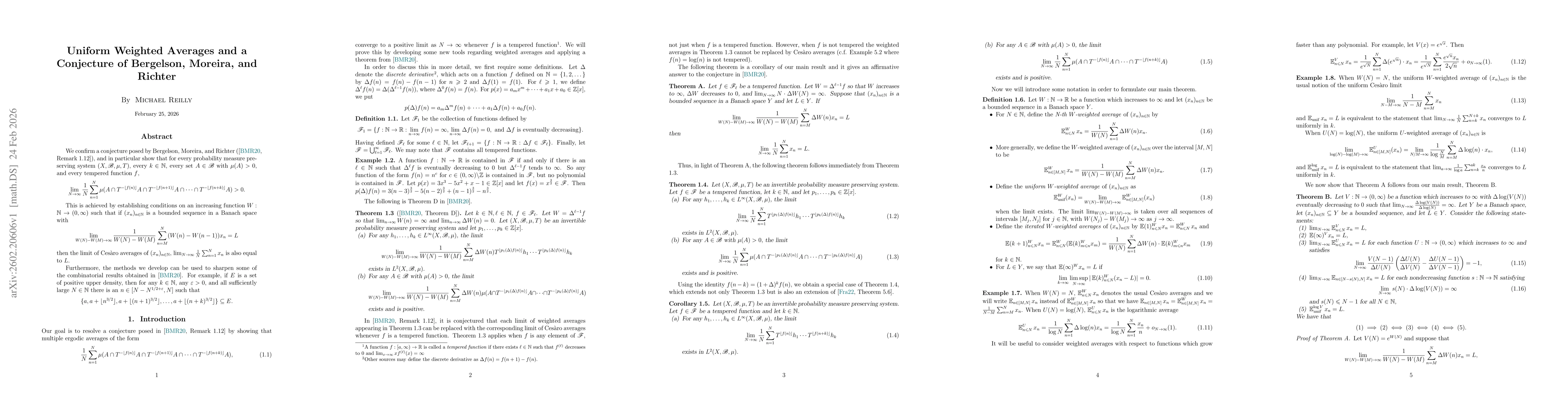 Thumbnail for Uniform Weighted Averages and a Conjecture of Bergelson, Moreira, and Richter