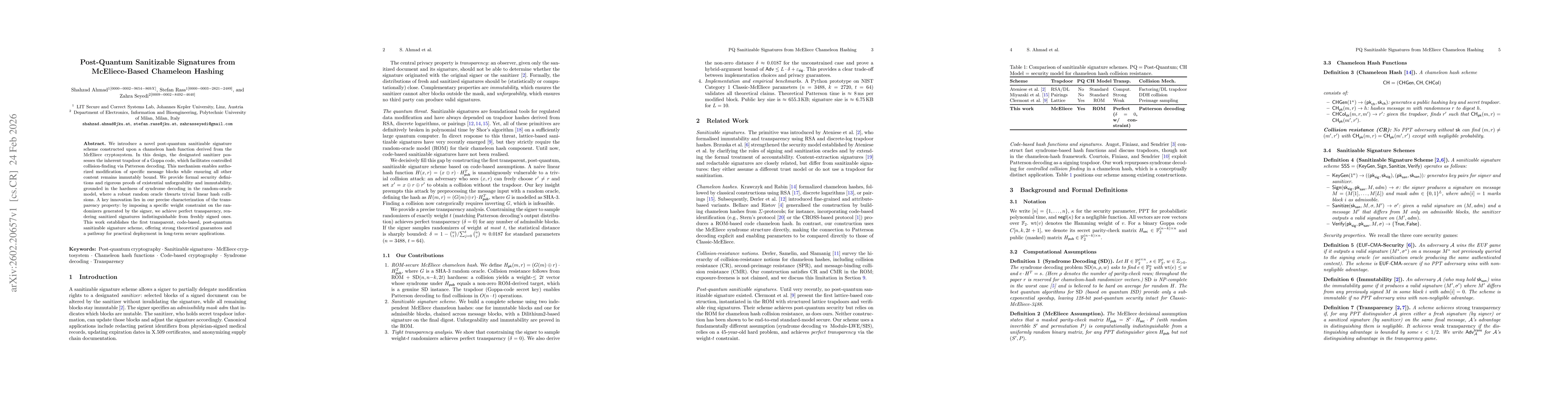 Thumbnail for Post-Quantum Sanitizable Signatures from McEliece-Based Chameleon Hashing
