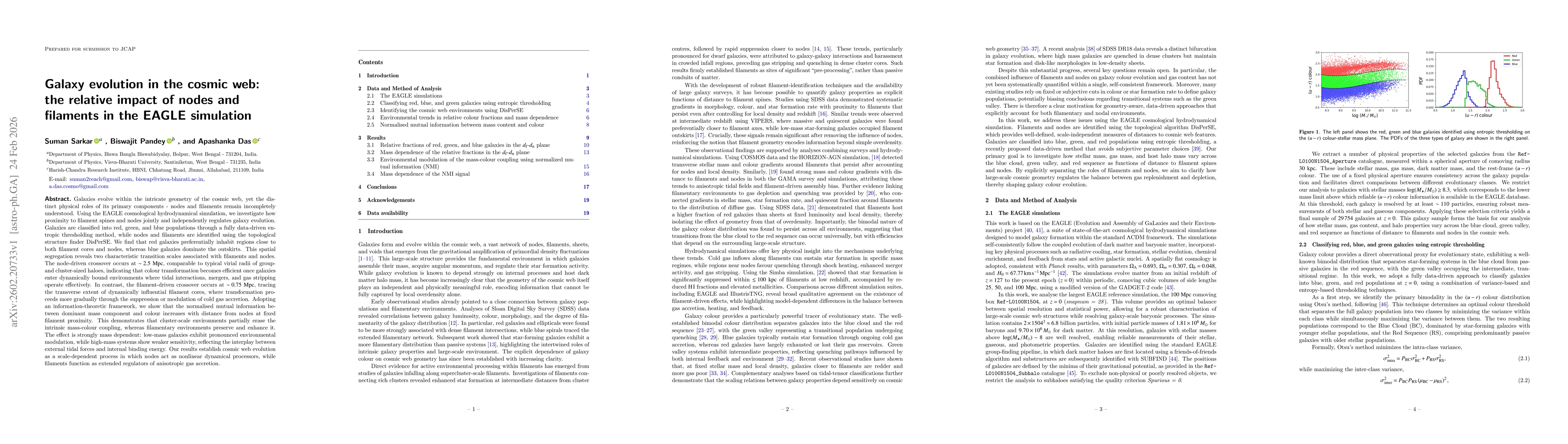 Thumbnail for Galaxy evolution in the cosmic web: the relative impact of nodes and filaments in the EAGLE simulation