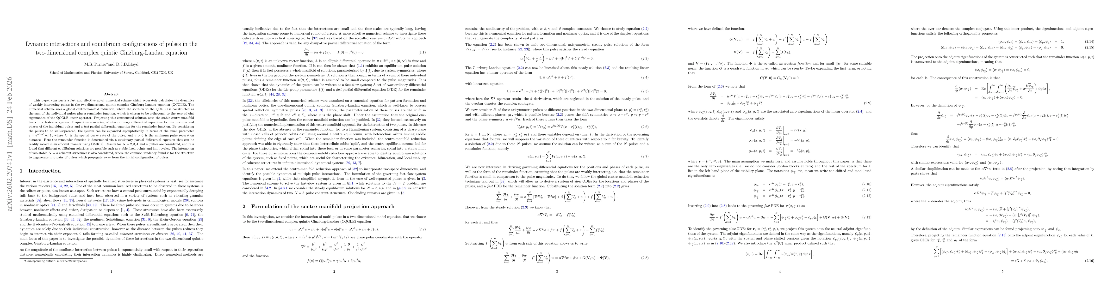 Thumbnail for Dynamic interactions and equilibrium configurations of pulses in the two-dimensional complex quintic Ginzburg-Landau equation
