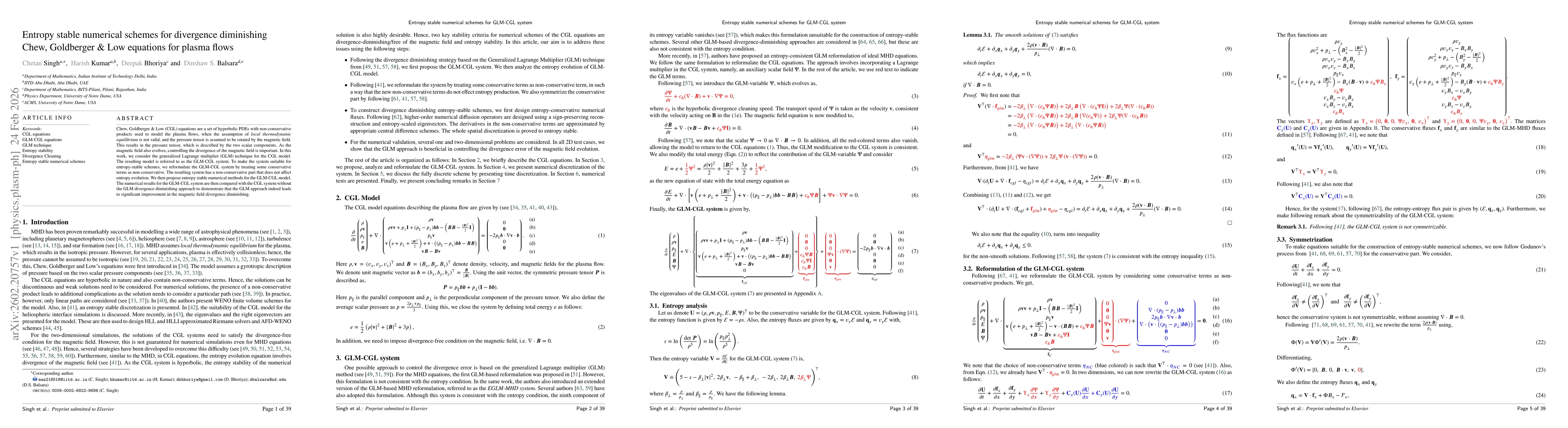 Thumbnail for Entropy stable numerical schemes for divergence diminishing Chew, Goldberger & Low equations for plasma flows