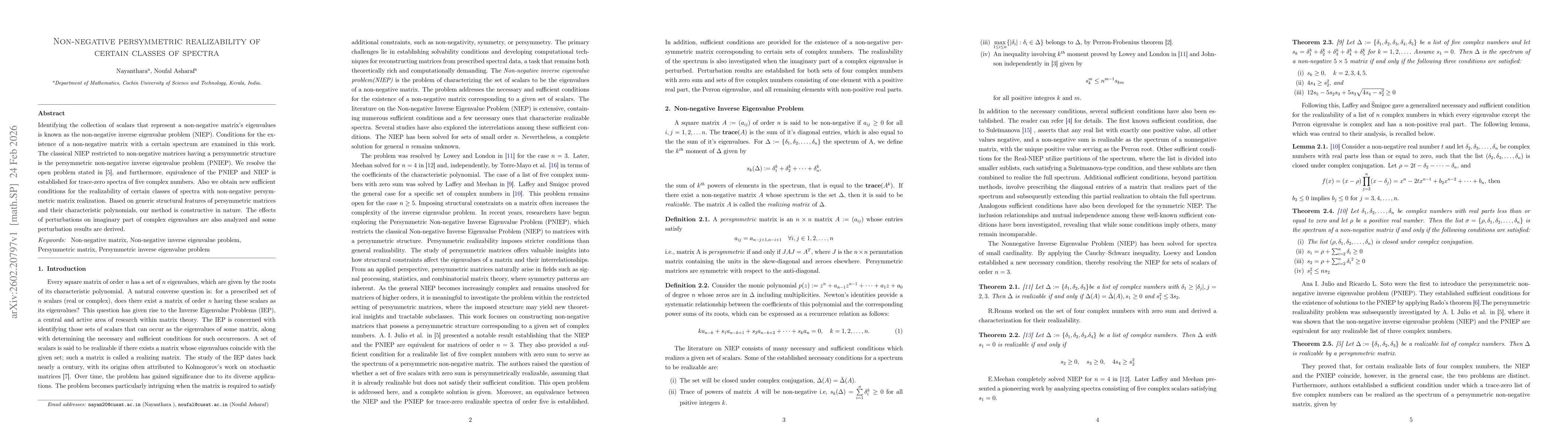 Thumbnail for Non-negative persymmetric realizability of certain classes of spectra