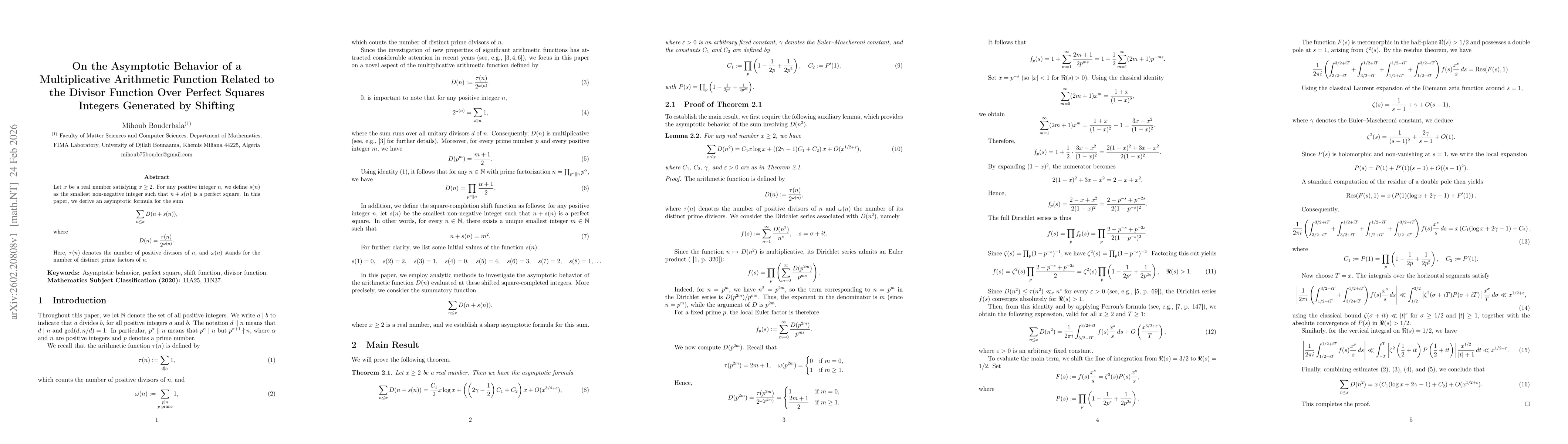 Thumbnail for On the Asymptotic Behavior of a Multiplicative Arithmetic Function Related to the Divisor Function Over Perfect Squares Integers Generated by Shifting
