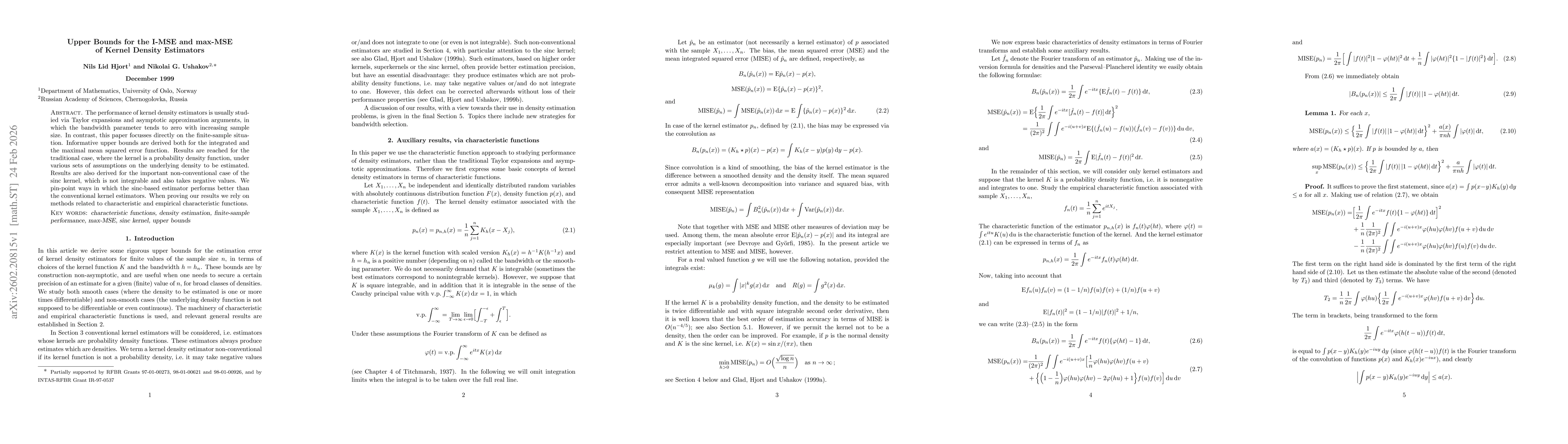 Thumbnail for Upper Bounds for the I-MSE and max-MSE of Kernel Density Estimators