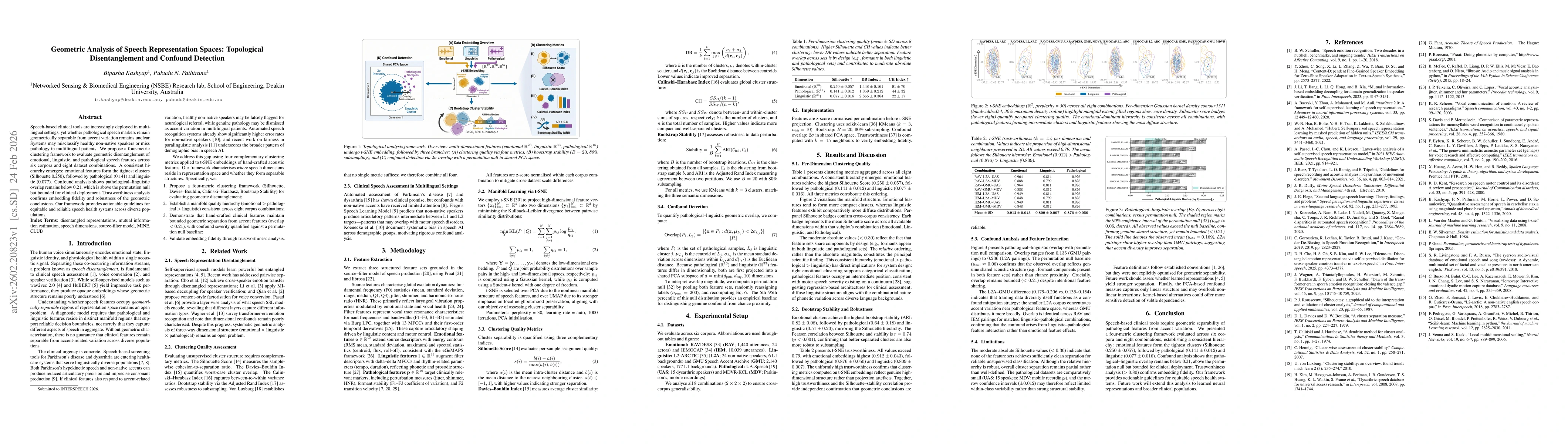 Thumbnail for Geometric Analysis of Speech Representation Spaces: Topological Disentanglement and Confound Detection