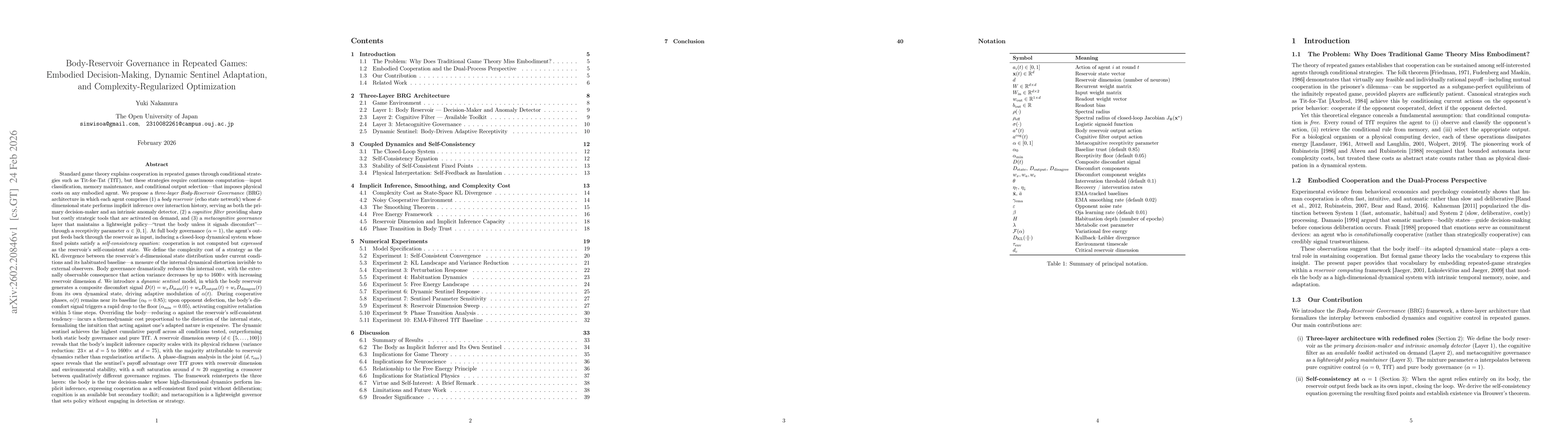 Thumbnail for Body-Reservoir Governance in Repeated Games: Embodied Decision-Making, Dynamic Sentinel Adaptation, and Complexity-Regularized Optimization