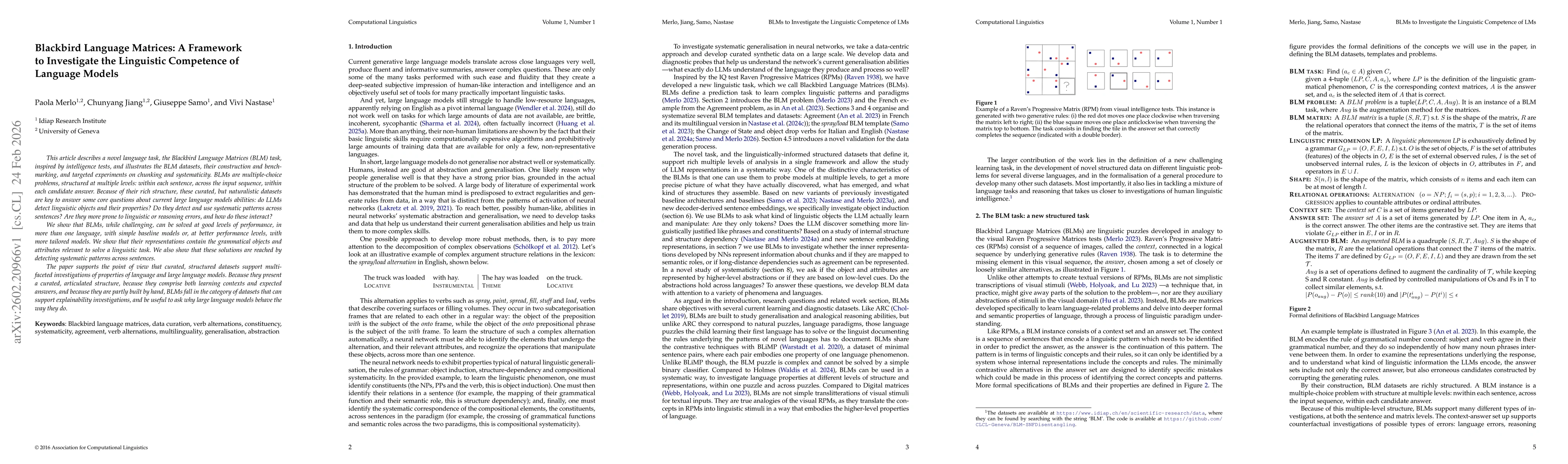 Thumbnail for Blackbird Language Matrices: A Framework to Investigate the Linguistic Competence of Language Models