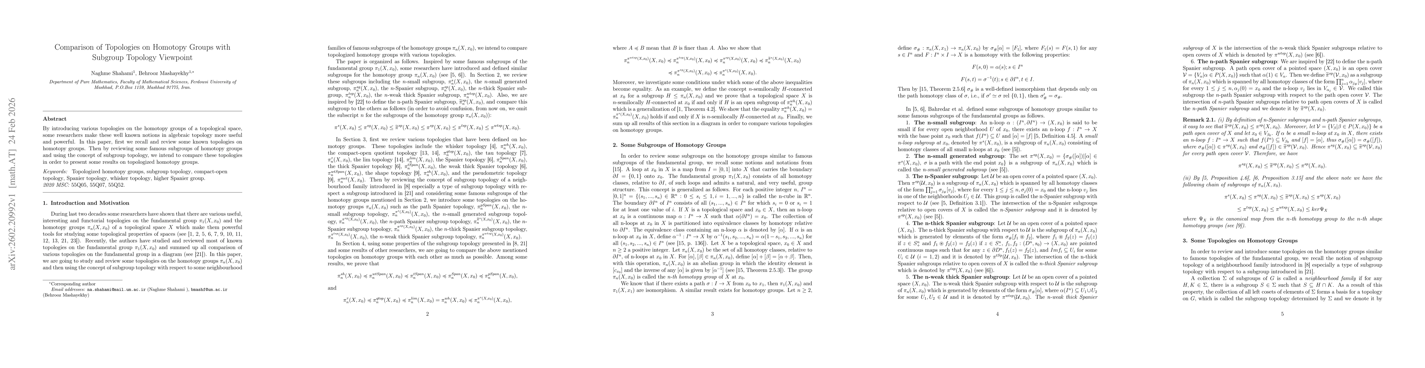 Thumbnail for Comparison of Topologies on Homotopy Groups with Subgroup Topology Viewpoint