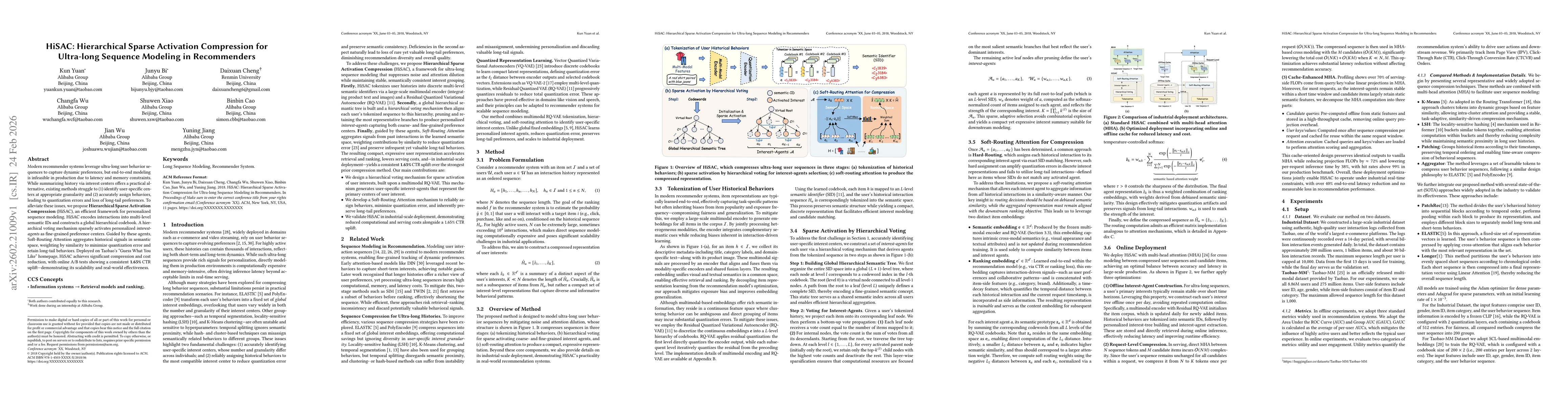 Thumbnail for HiSAC: Hierarchical Sparse Activation Compression for Ultra-long Sequence Modeling in Recommenders